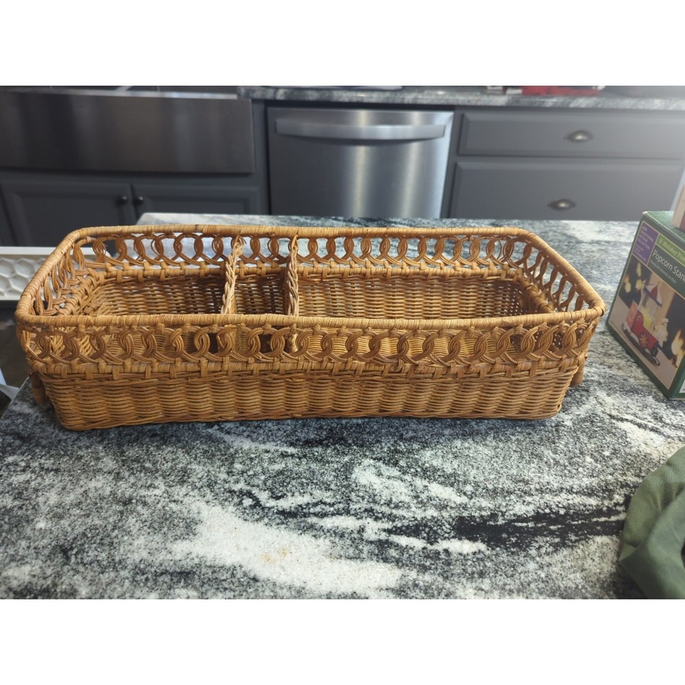 Vintage Woven Rattan Toilet Tank Topper Basket With Handles Boho Decor